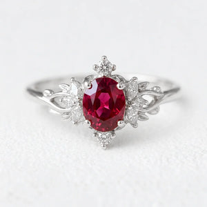 Roselight Briar | Oval Ruby Engagement Ring with Scattered Diamond Leaves