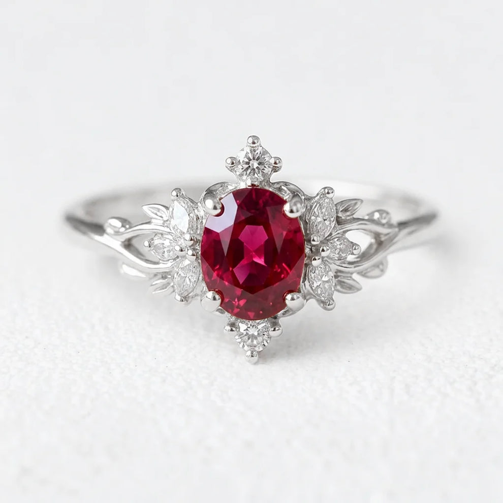 Roselight Briar | Oval Ruby Engagement Ring with Scattered Diamond Leaves