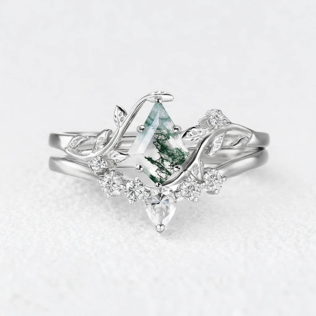 Kite Glade | Moss Agate Leafy Bridal Ring Set 2pcs