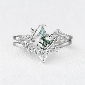 Kite Glade | Moss Agate Leafy Bridal Ring Set 2pcs