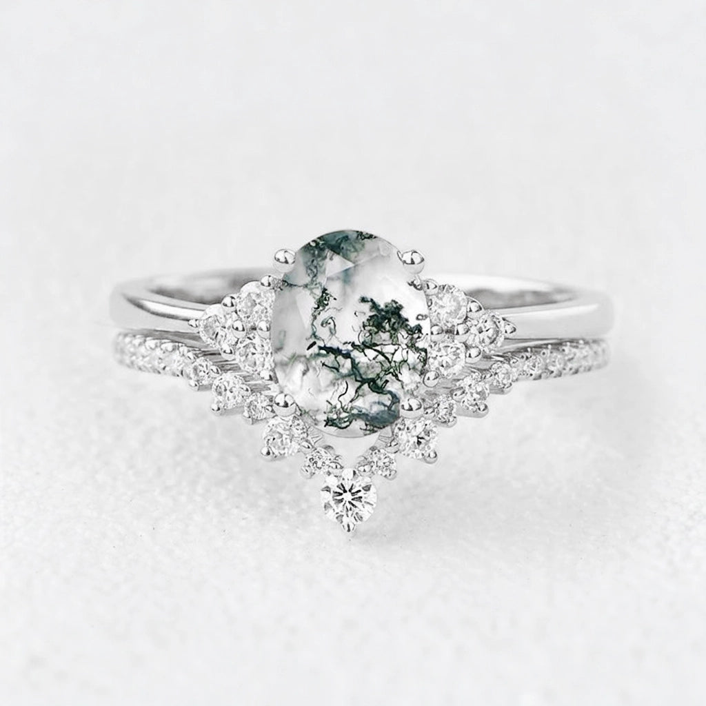 Classic 2.0ct Moss Agate Oval Ring Set 2pcs.