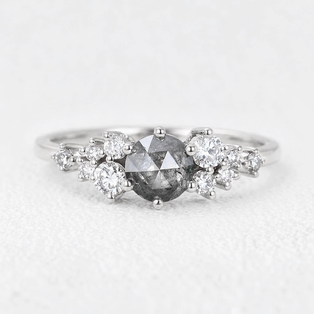 Isadora’s Solstice | Round Salt & Pepper Diamond Cluster Engagement Ring