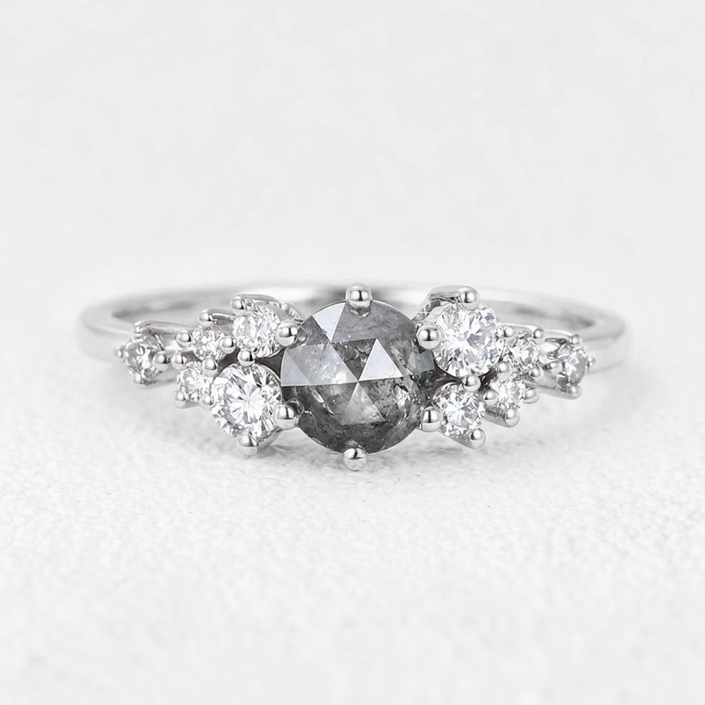 Isadora’s Solstice | Round Salt & Pepper Diamond Cluster Engagement Ring