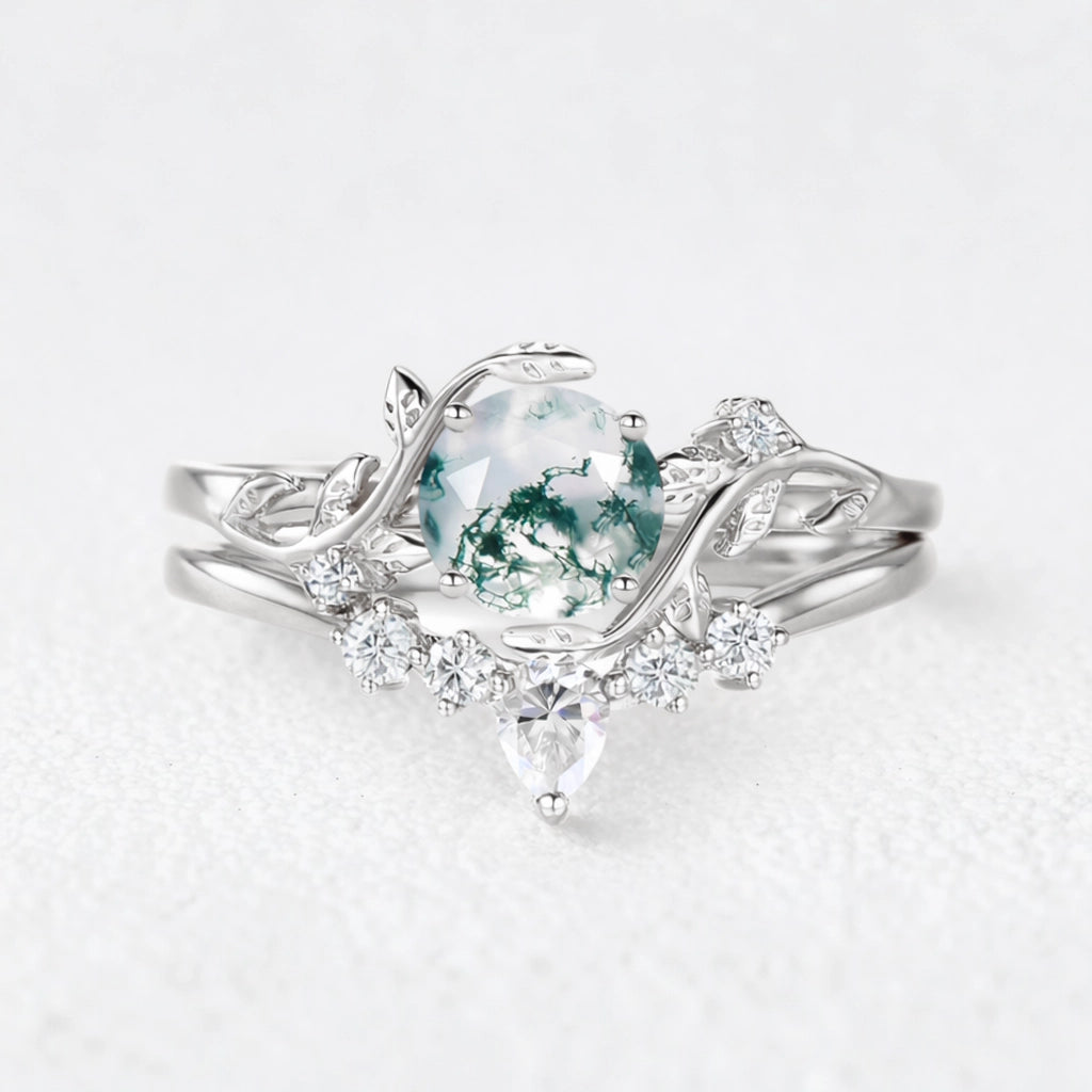 Genevieve’s Garden | Round Moss Agate Leafy Bridal Set 2pcs