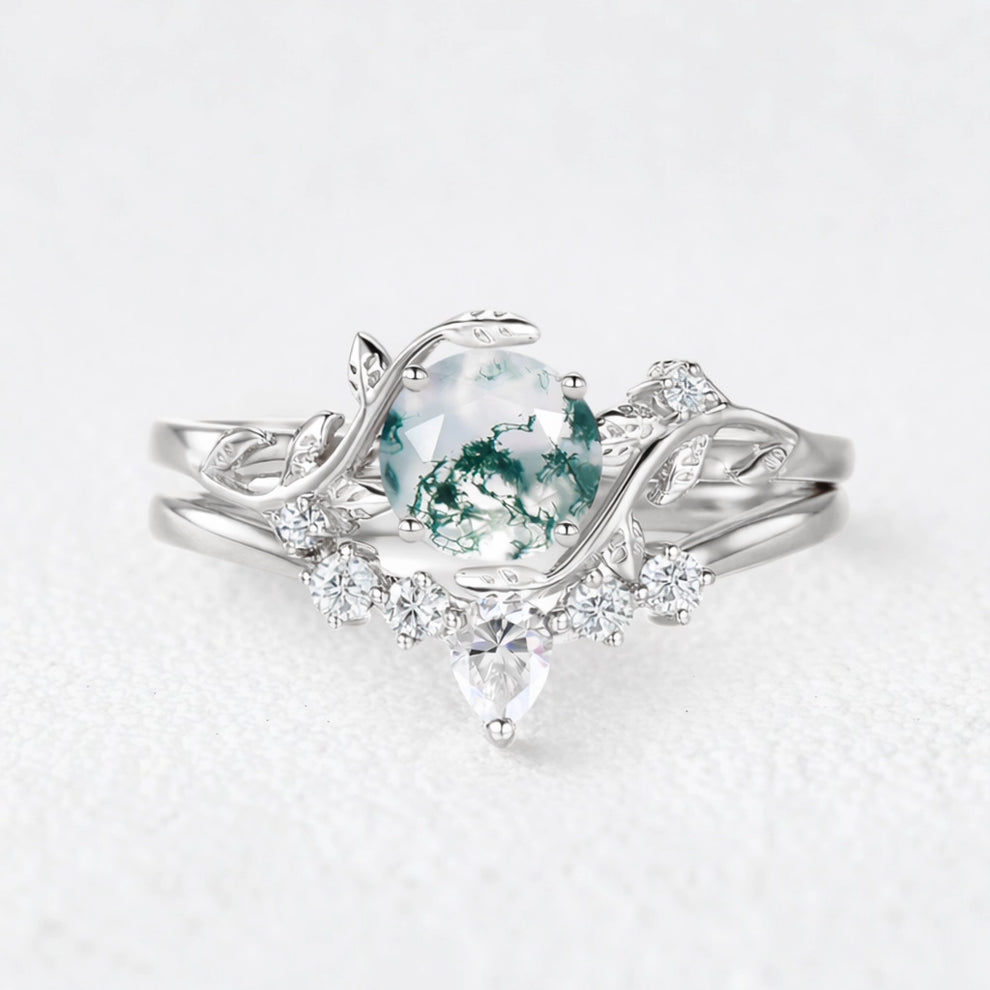 Genevieve’s Garden | Round Moss Agate Leafy Bridal Set 2pcs