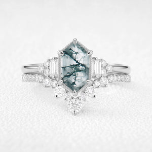 Ariadne’s Labyrinth | Elongated Hexagon-Cut Moss Agate Milgrain Chevron Bridal Set 2pcs