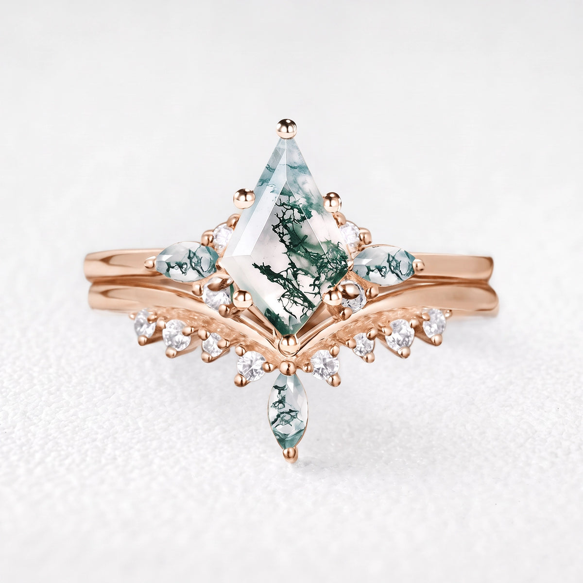 Cordelia’s Bower | Kite Cut Moss Agate Cluster Chevron Bridal Duo