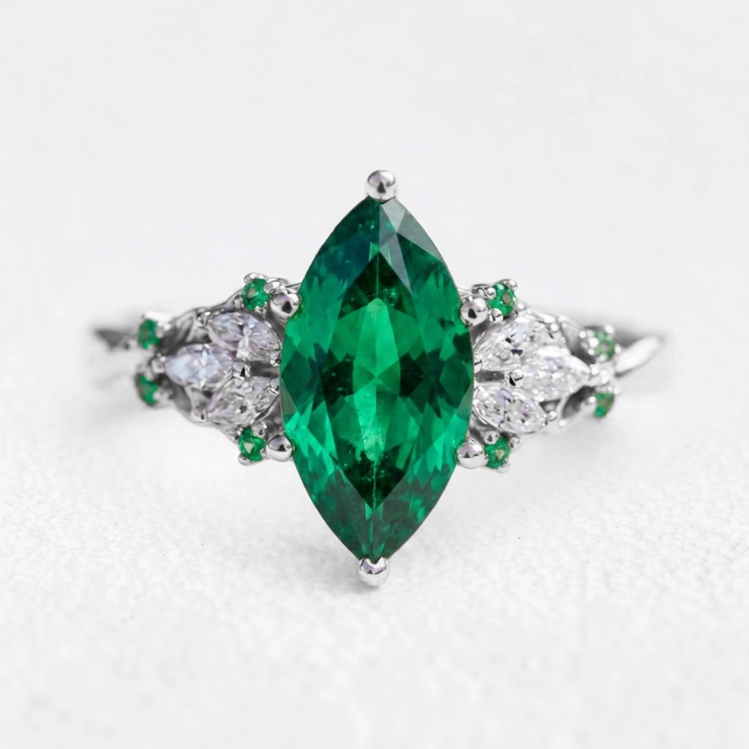 Alexandria’s Regalia | 2CT Marquise Emerald Vintage Engagement Ring
