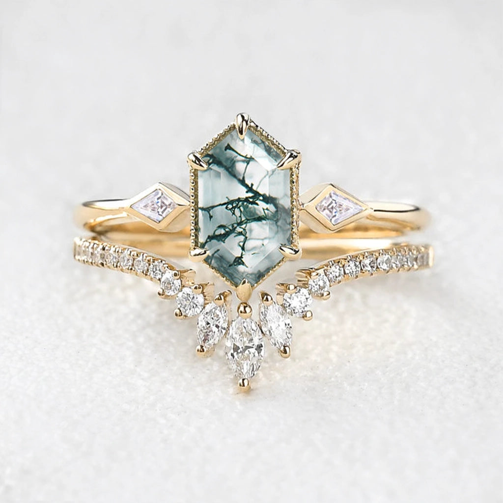 Elara’s Trio | Long Hexagon Moss Agate Three Stone Bridal Set 2pcs.