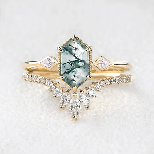 Elara’s Trio | Long Hexagon Moss Agate Three Stone Bridal Set 2pcs.