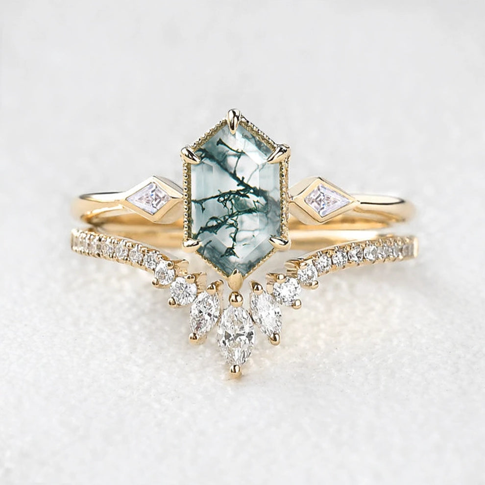 Elara’s Trio | Long Hexagon Moss Agate Three Stone Bridal Set 2pcs.