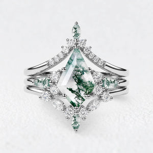 Sylvie’s Chevron | Kite Cut Green Moss Agate Engagement Ring Set 3pcs