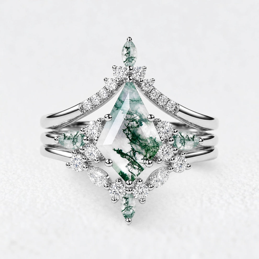 Sylvie’s Chevron | Kite Cut Green Moss Agate Engagement Ring Set 3pcs