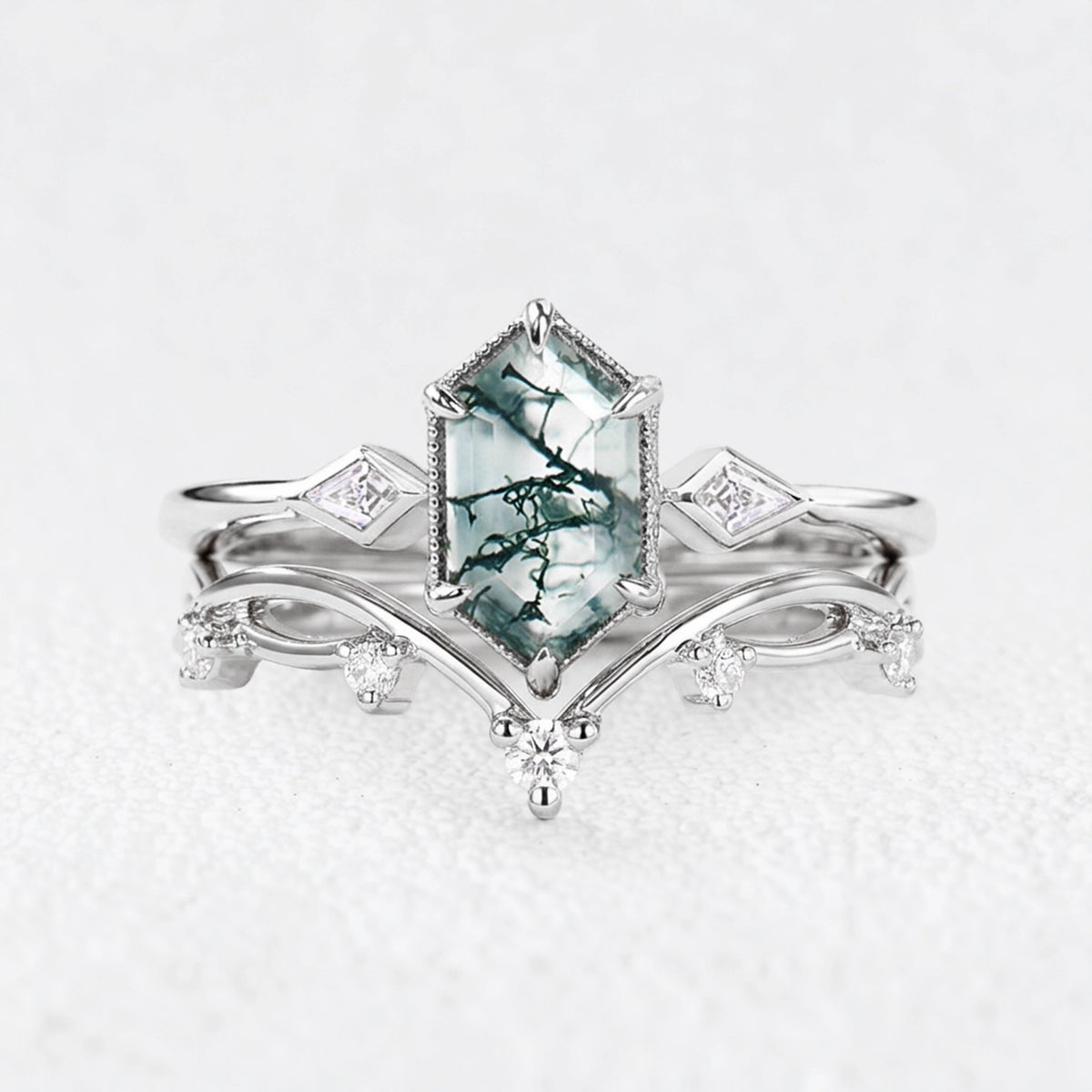 Isadora’s Verdant | Hexagon Moss Agate Trilogy Bridal Duo