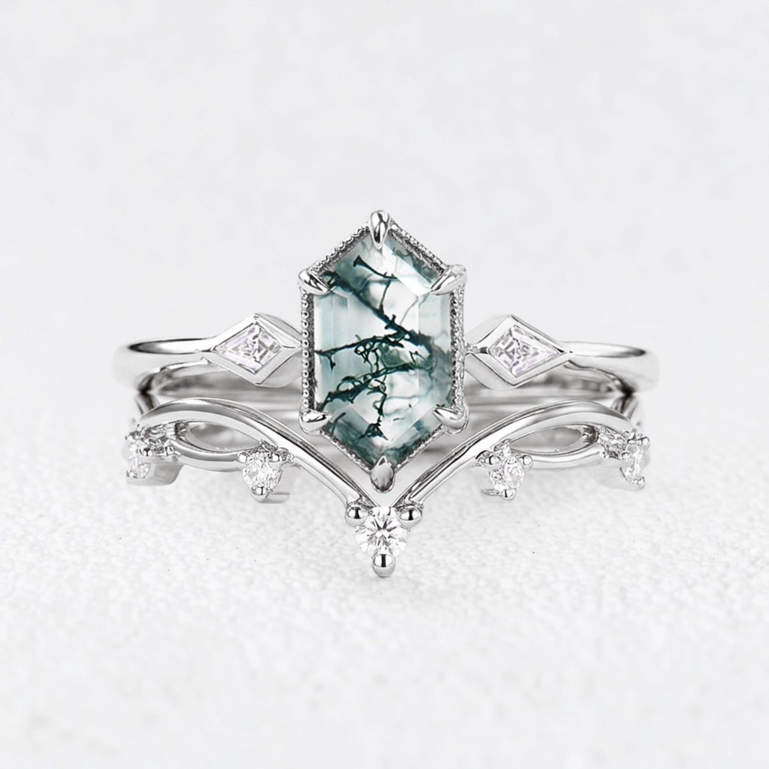 Isadora’s Verdant | Hexagon Moss Agate Trilogy Bridal Duo