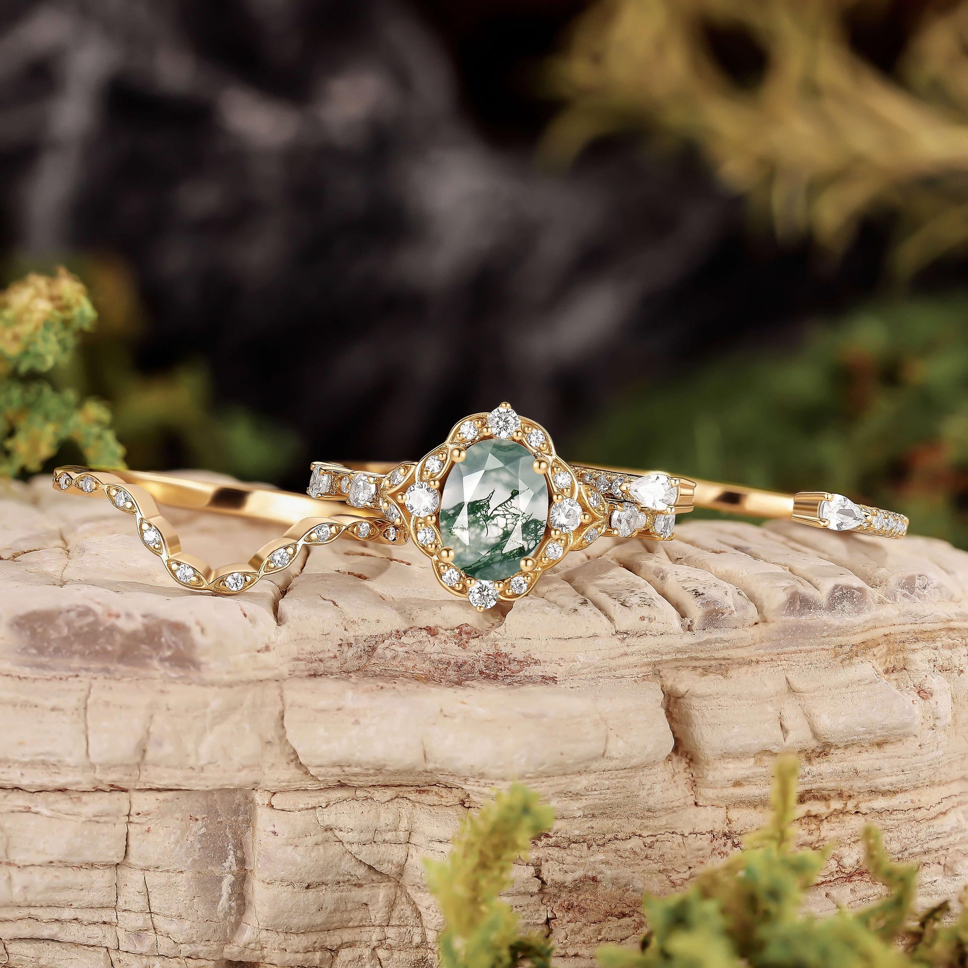 Unique Oval Cut Moss Agate Cluster Engagement Ring Set 3pcs.