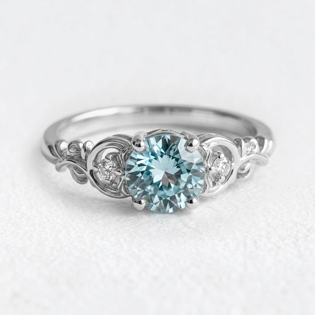 Marina’s Cameo | Round Blue Aquamarine Gold Engagement Ring.
