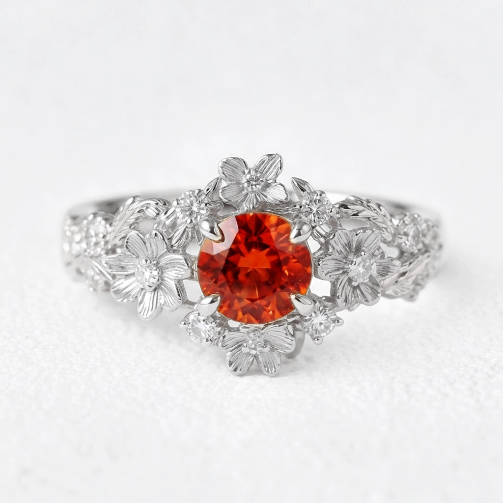Eve's Blossom | Round Mandarin Garnet Engagement Ring with Petal Setting