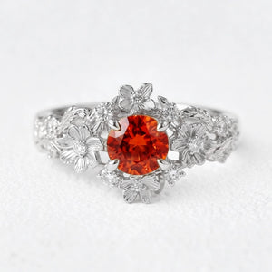 Eve's Blossom | Round Mandarin Garnet Engagement Ring with Petal Setting