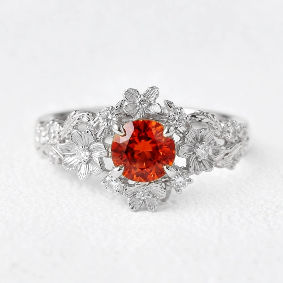 Eve's Blossom | Round Mandarin Garnet Engagement Ring with Petal Setting