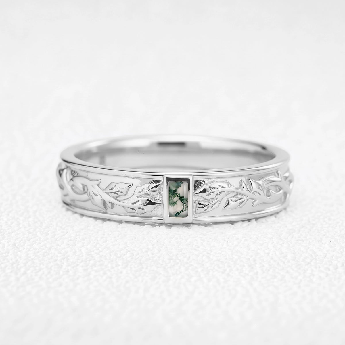 Orion’s Keystone | Baguette-Cut Moss Agate Men’s Band