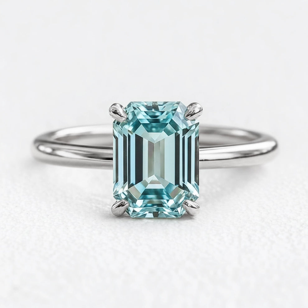 Celia’s Lodestar | 3CT Emerald Cut Aqua Sapphire Solitaire Engagement Ring