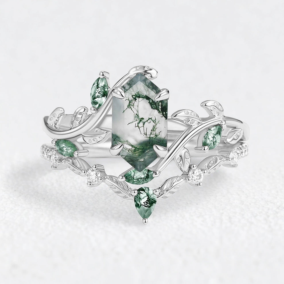 Daphne’s Laurel | Hexagon Cut Moss Agate & Emerald Vine Duo