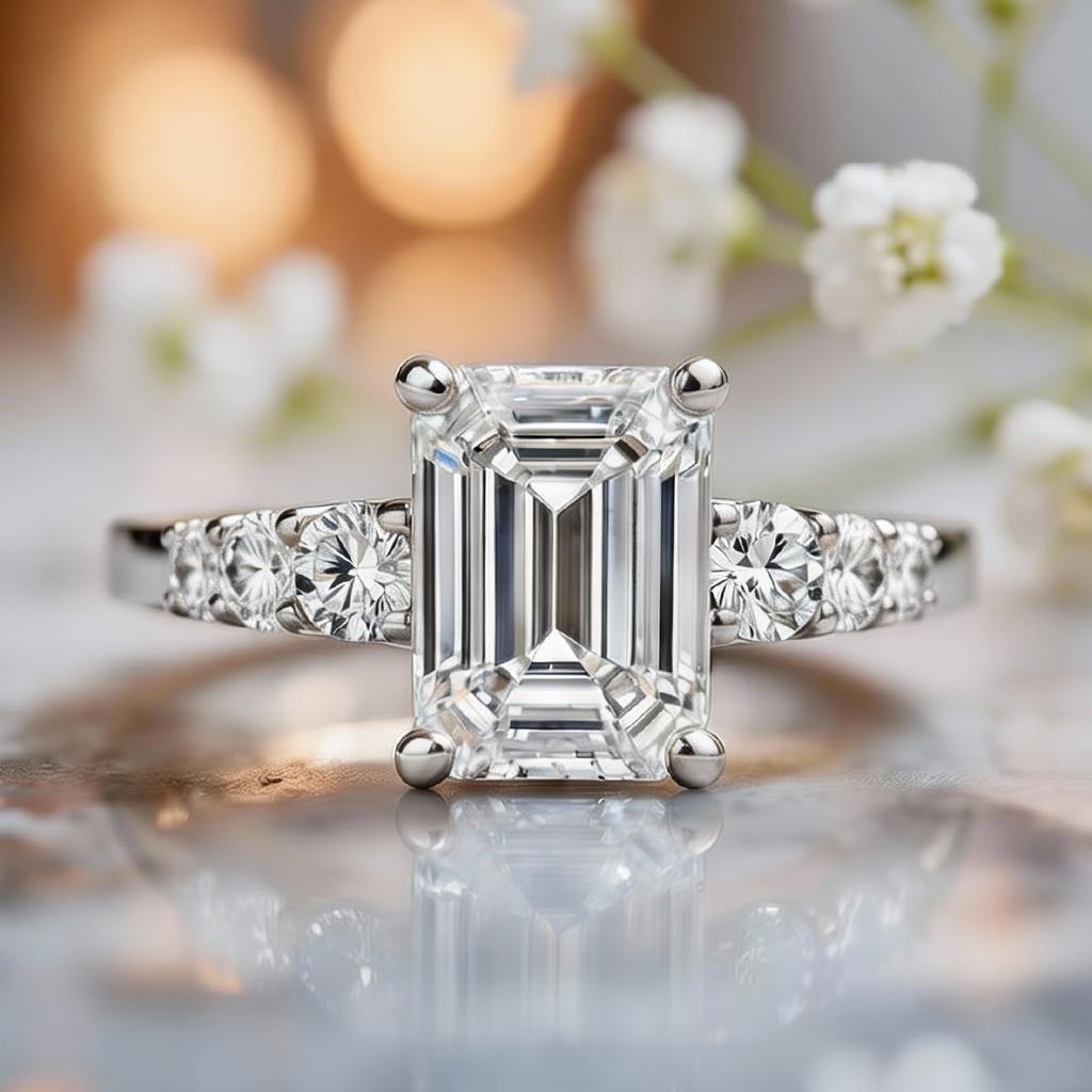 Elara’s Prism | 3CT Emerald Cut Moissanite Ring.