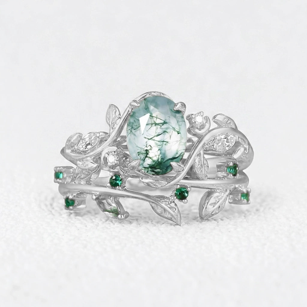 Oval Cut Moss Agate Branch Leafy Engagement Ring Set 2pcs.