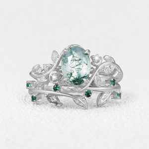 Oval Cut Moss Agate Branch Leafy Engagement Ring Set 2pcs.