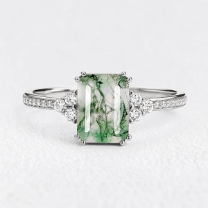 Isadora’s Verdant | Emerald‑Cut Moss Agate Pavé Engagement Ring