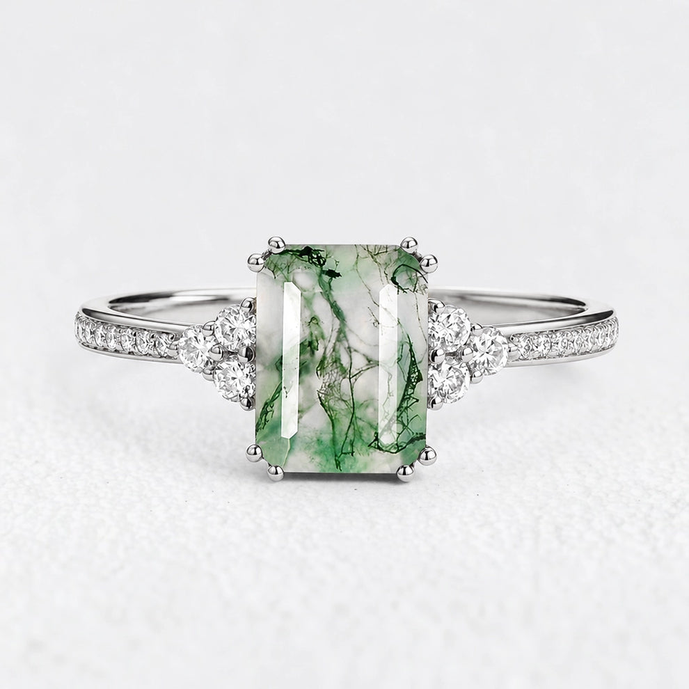 Isadora’s Verdant | Emerald‑Cut Moss Agate Pavé Engagement Ring