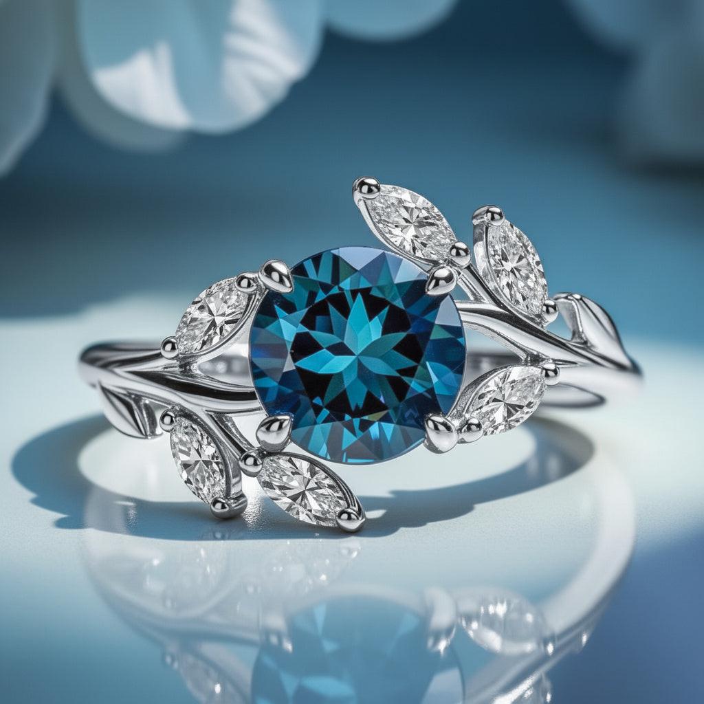 Sylvana 1CT Round Cut Royal Blue Gemstone Vine Ring.
