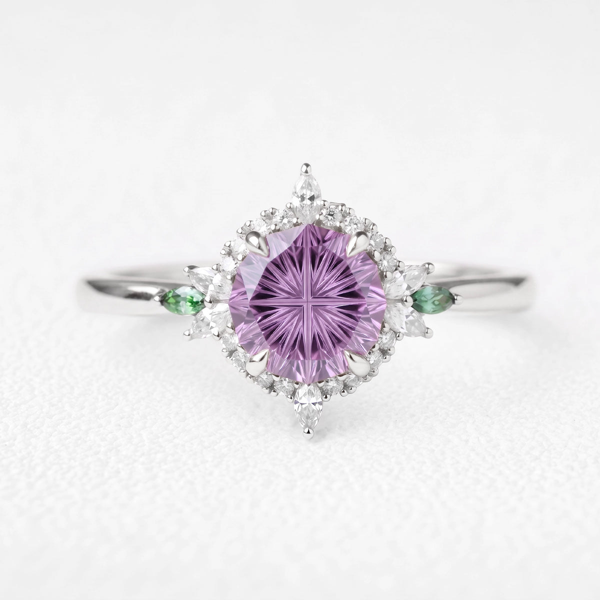 Rosalind’s Lilac | 1CT Fantasy-Cut Round Lavender Sapphire Halo Engagement Ring