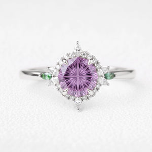 Rosalind’s Lilac | 1CT Fantasy-Cut Round Lavender Sapphire Halo Engagement Ring