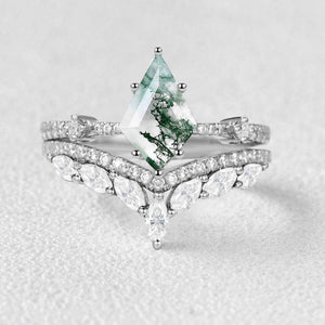 1.5ct Kite Cut Moss Agate Vintage Ring Set 2pcs.