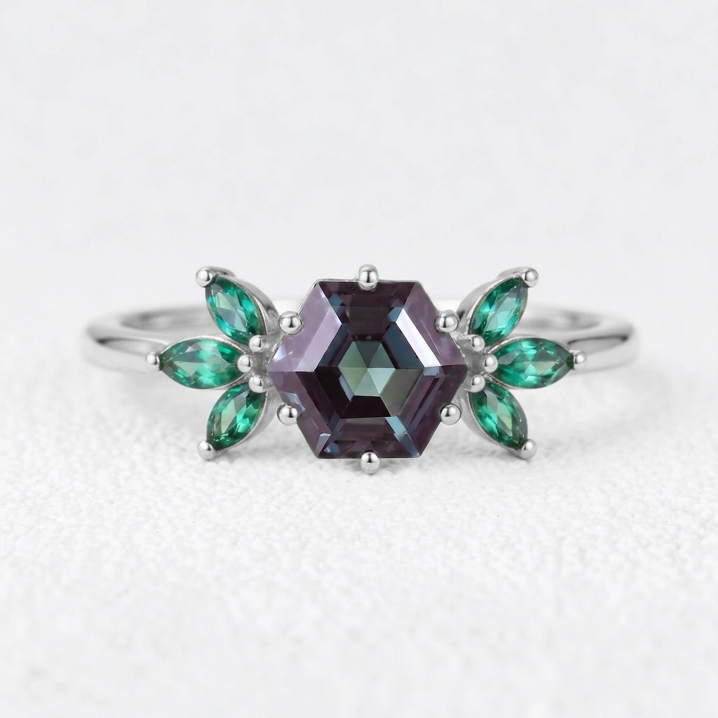 Isadora’s Prism | Hexagon Alexandrite Emerald Accents Engagement Ring