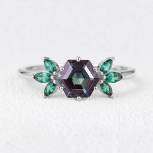 Isadora’s Prism | Hexagon Alexandrite Emerald Accents Engagement Ring