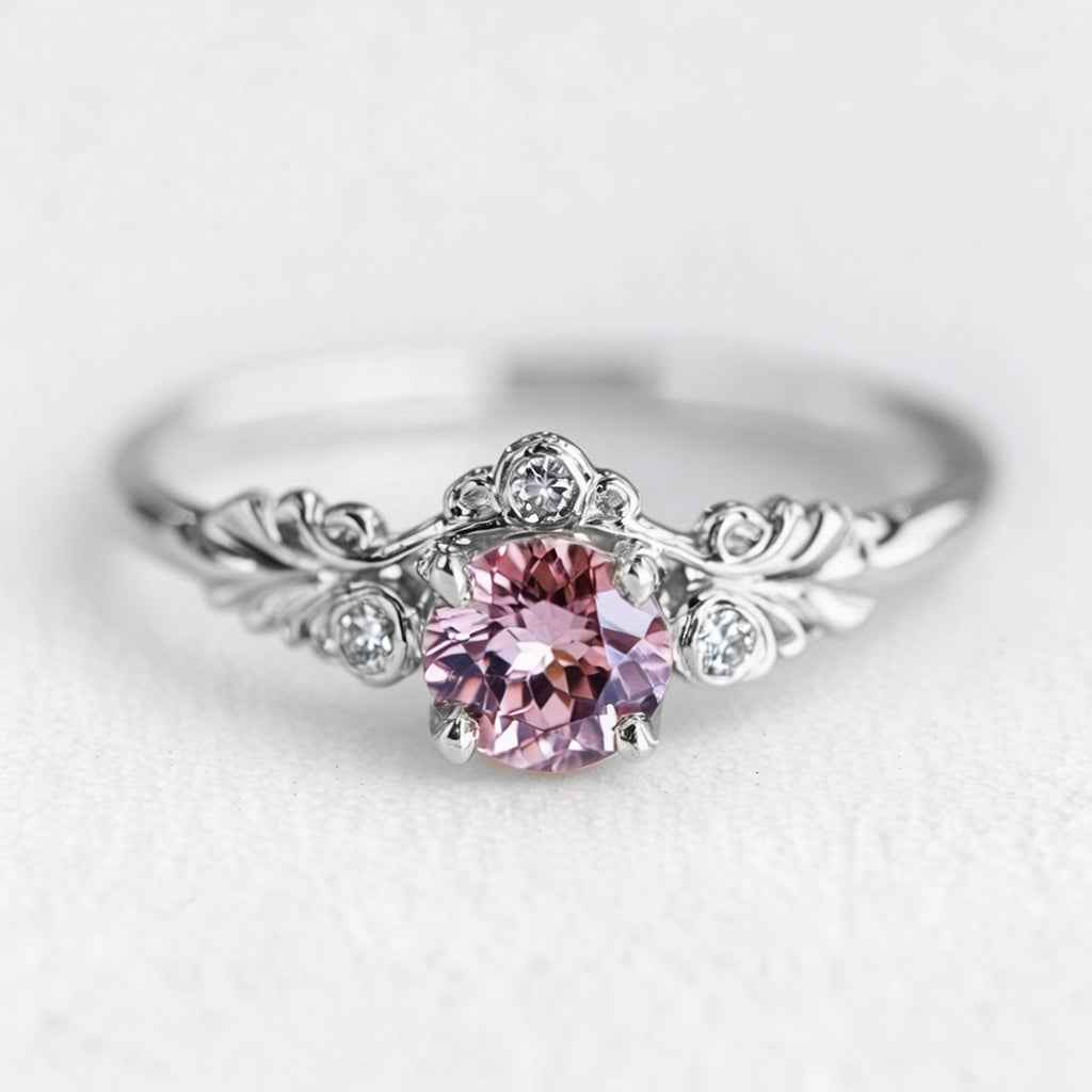 Aurelia’s Blossom | Round Rose Quartz Floral Halo Ring.
