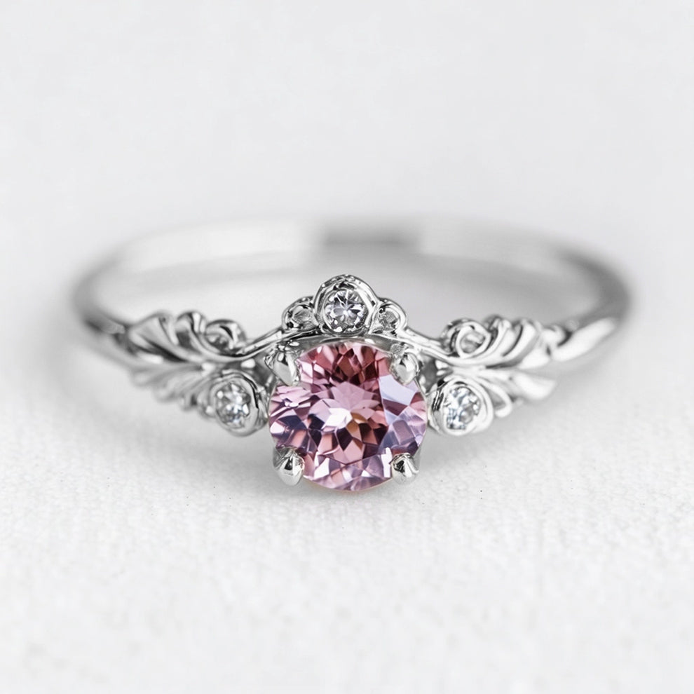 Aurelia’s Blossom | Round Rose Quartz Floral Halo Ring.