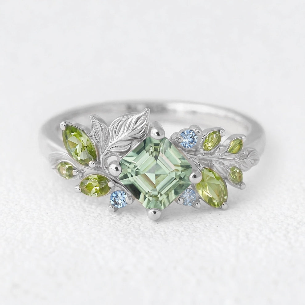 Flora’s Foliage | Mint Green Tourmaline & Birthstone Leaf Engagement Ring.