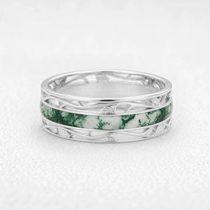 Seraphina‘s Aureole | 1CT Marquise Diamond Chevron & Moss Agate Inlay Band Couple Set Trio
