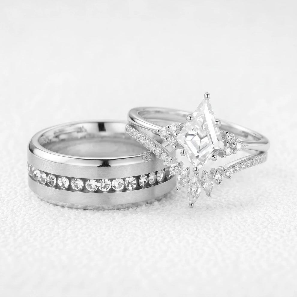 Aurora‘s Orbit | 1.5CT Kite Diamond Chevron & Eternity Band Couple Set 3pcs