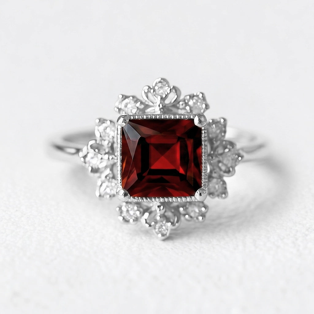 Vivienne’s Ardour | Square Red Garnet Leafy Engagement Ring.