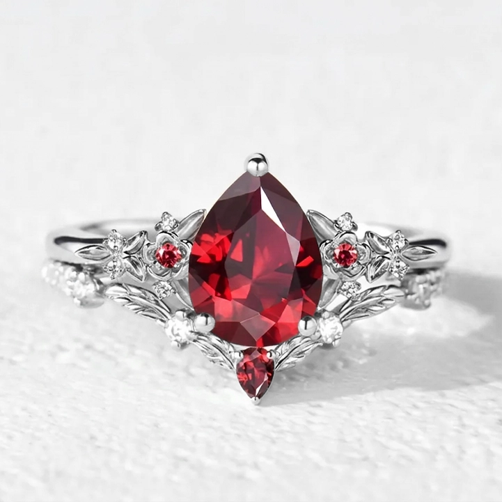 Scarlett’s Twig | Vintage Pear Red Ruby & Diamond Floral Bridal Set 2pcs.