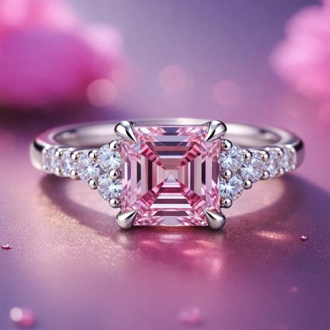 Mia's Charm | Asscher Cut Pink Sapphire & Moissanite Ring.