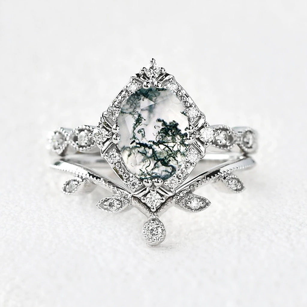 Oval Moss Agate & Moissanite Floral Ring Set 2pcs.