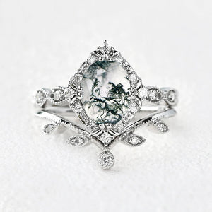 Oval Moss Agate & Moissanite Floral Ring Set 2pcs.