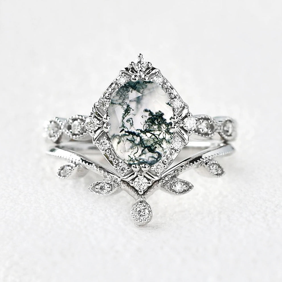 Oval Moss Agate & Moissanite Floral Ring Set 2pcs.