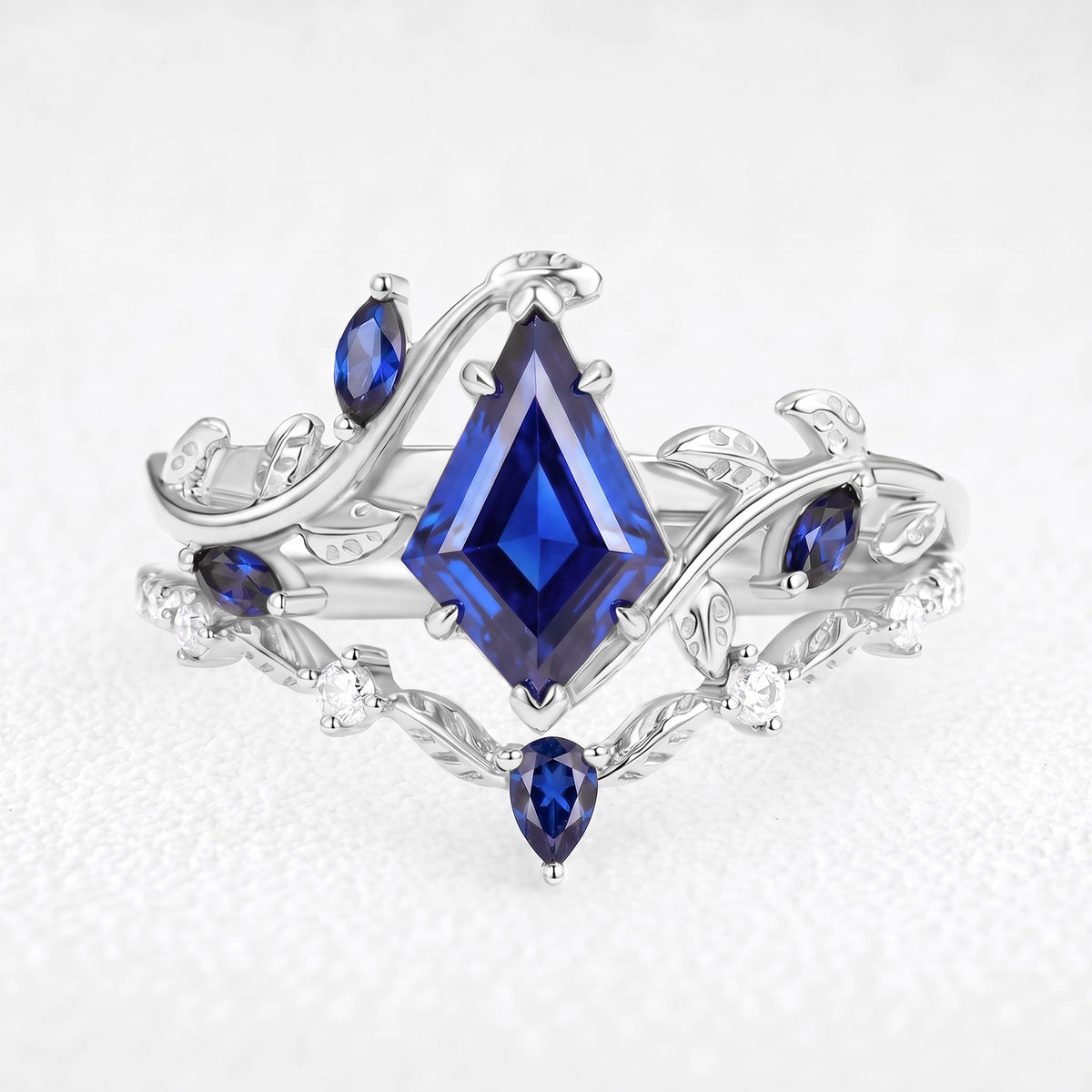 Penelope’s Veil | 1CT Kite Cut Blue Sapphire Foliage Bridal Duo